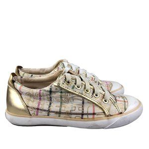 Coach Women's Size 6.5B Barrett Cream Gold Plaid Lace-Up Low Top Sneakers Q322